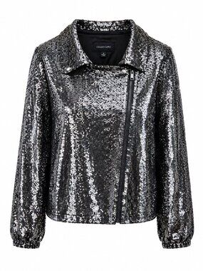 Colleen Lopez Womens Sequin Moto Jacket Black Size Metallic Polyester Blend